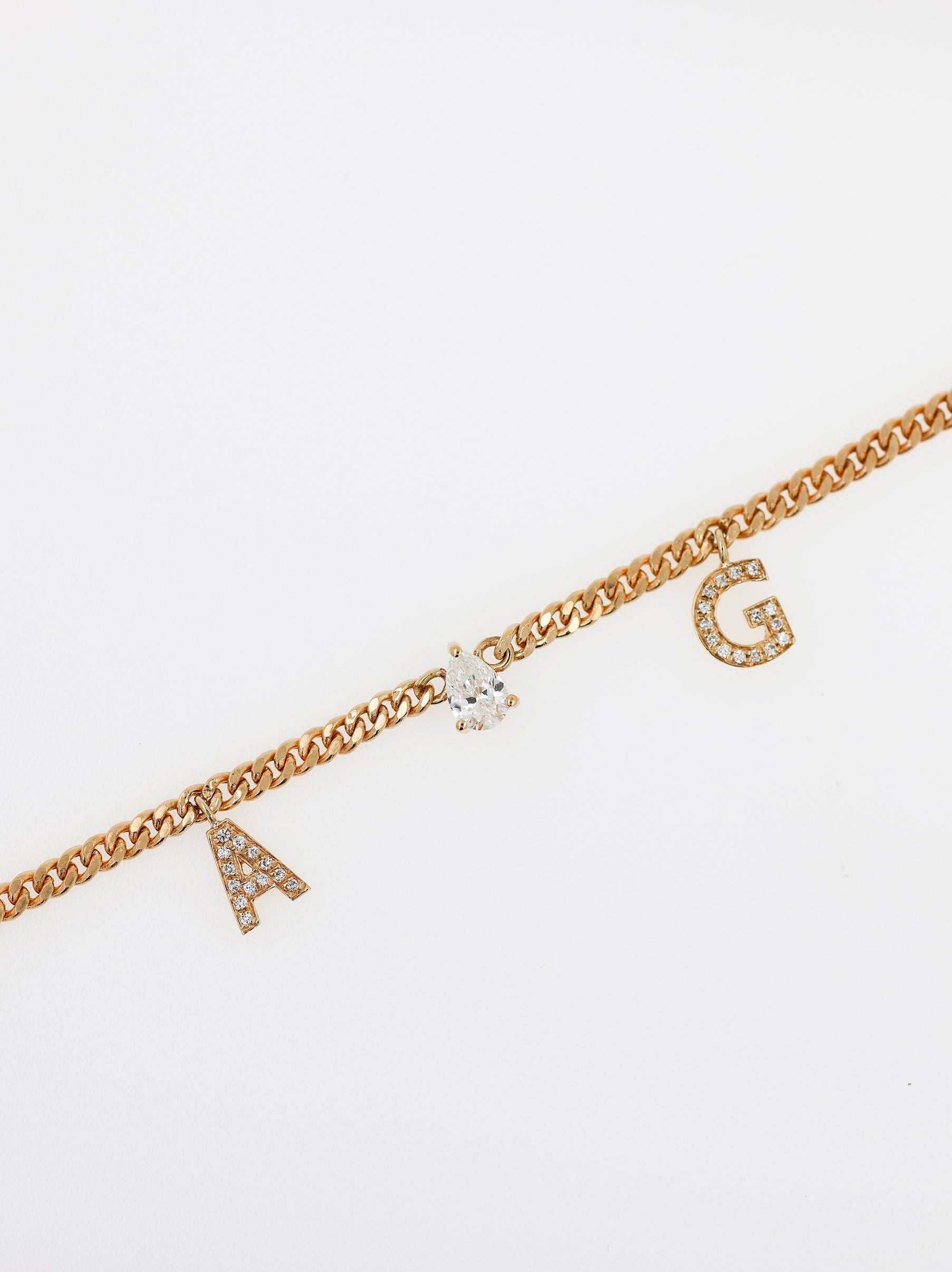 Pear Diamond Chain with Two Diamond Initials Necklace