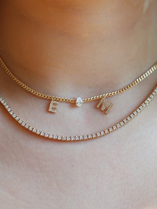Pear Diamond Chain with Two Diamond Initials Necklace